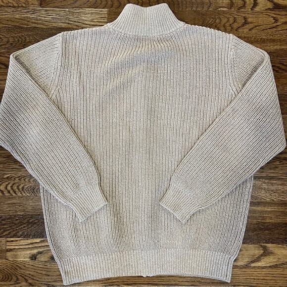 LL Bean Mock Neck Full Zip Chunky Knit Sweater Mens L Oatmeal Tan 100% Cotton - Picture 2 of 7